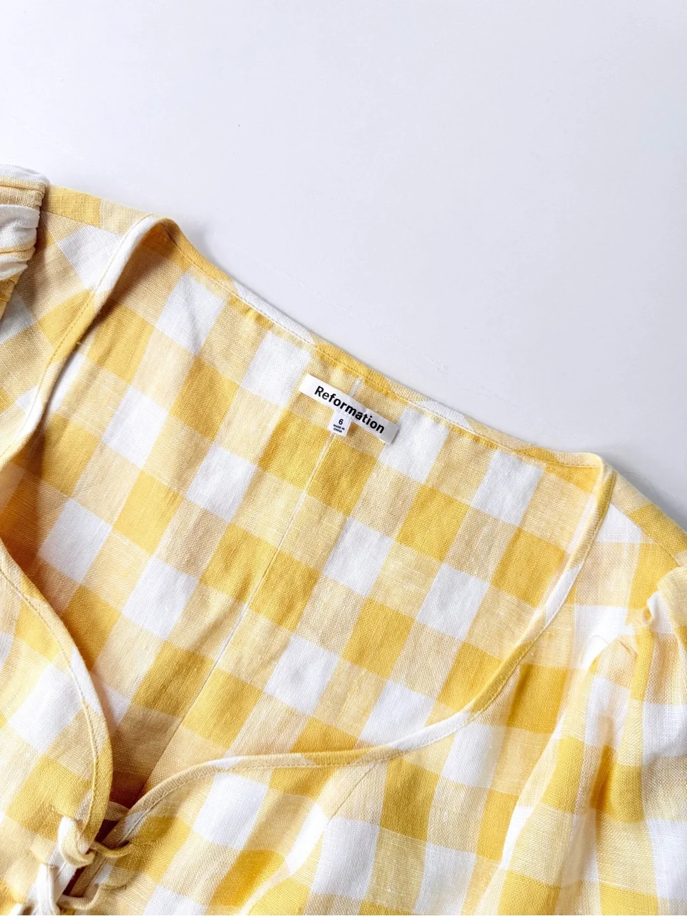 Reformation Barrett Linen Top in Dandelion Check - Corset Lace Up Yellow White 6